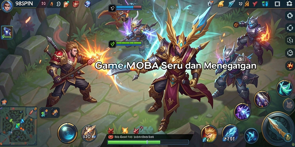 Tangkapan layar 98SPIN menampilkan aksi seru dalam pertarungan tim MOBA.