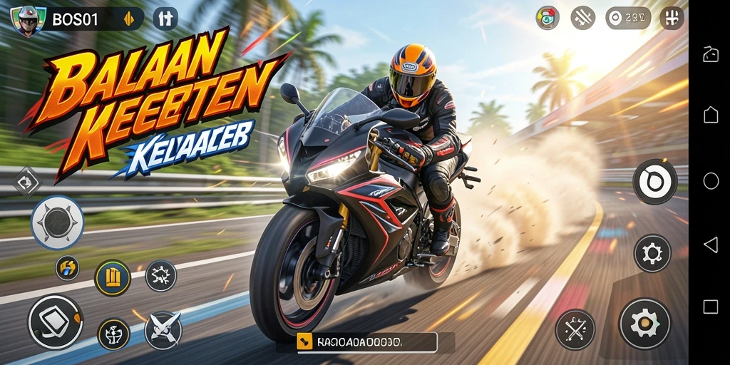 Screenshot utama BOS01 menampilkan aksi balapan motor yang mendebarkan.