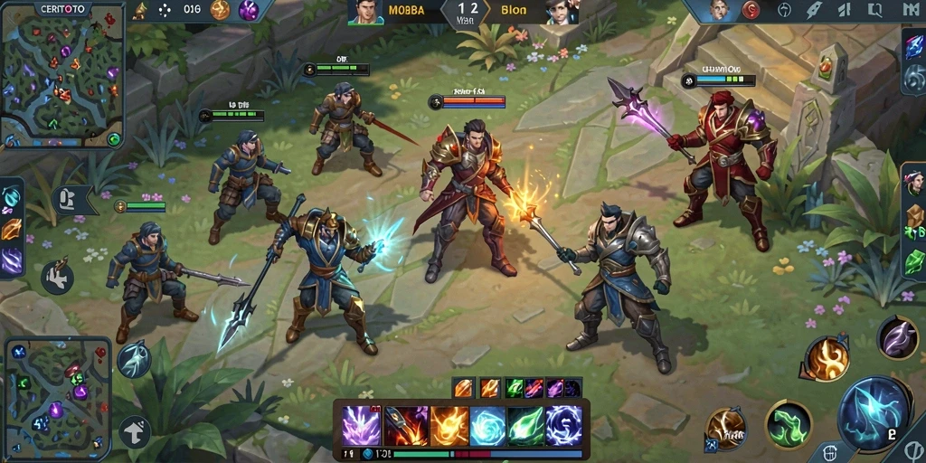 Tampilan gameplay SERU CERITOTO dengan karakter MOBA yang dinamis.