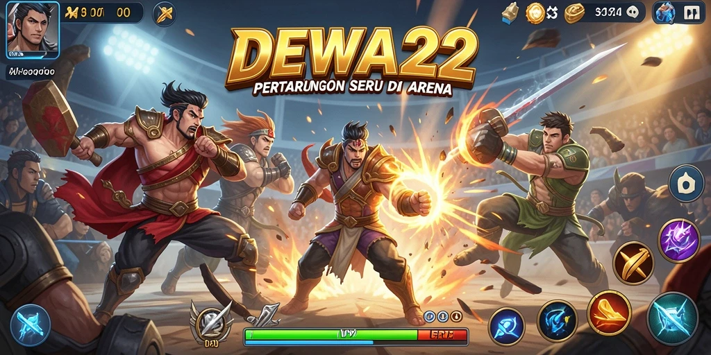 Screenshot utama DEWA22 menampilkan pertarungan epik antar karakter.
