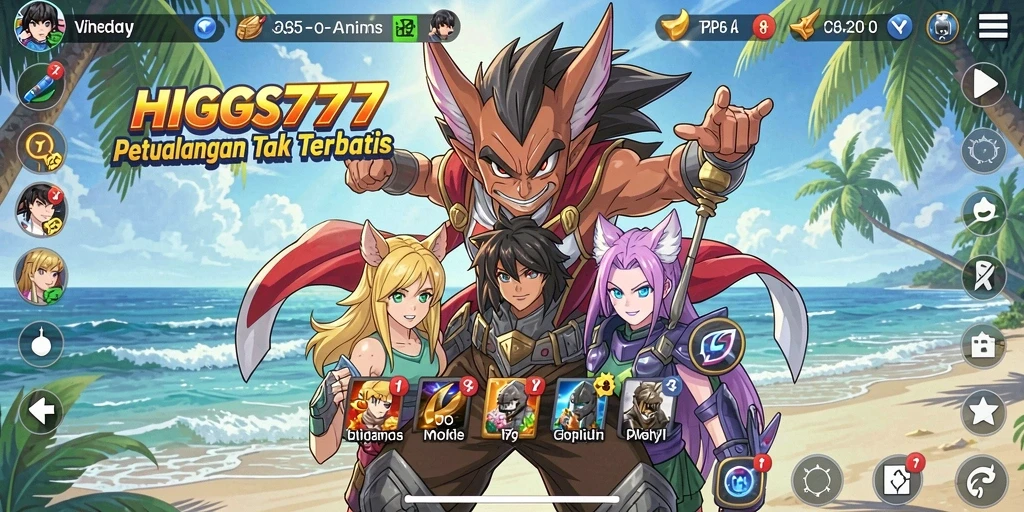 Screenshot gameplay HIGGS777 dengan karakter Anime dalam pertempuran.