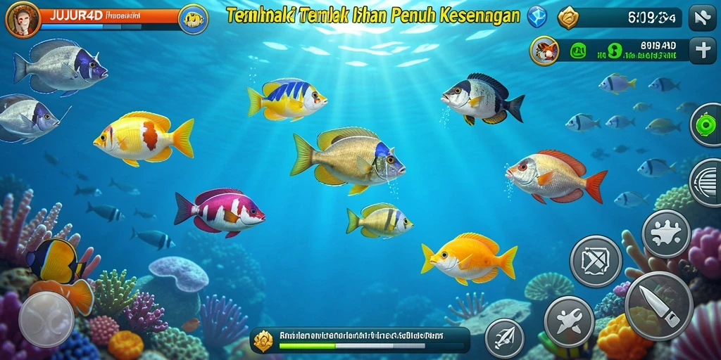 Gameplay JUJUR4D yang menarik dengan berbagai ikan berwarna-warni.