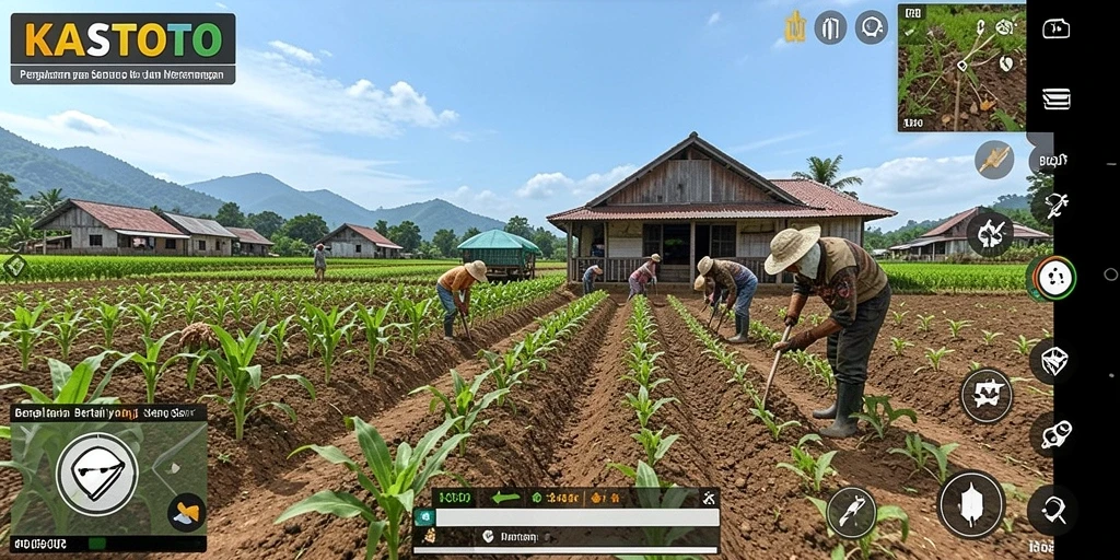 Tampilan gameplay KASTOTO dengan kebun yang subur dan hewan ternak.