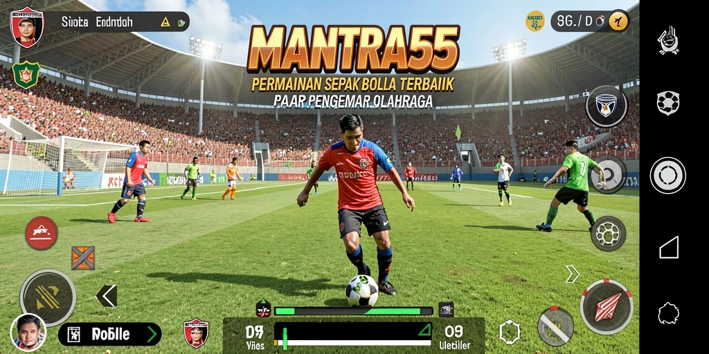 Tangkapan layar utama <strong>MANTRA55</strong> menampilkan aksi seru di lapangan sepak bola.