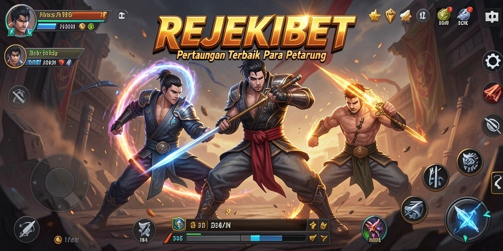 Screenshot gameplay intense dari REJEKIBET dengan karakter bertarung.
