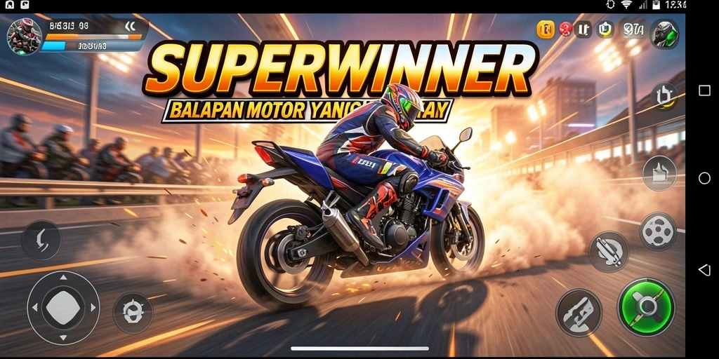 Screenshot gameplay SUPERWINNER dengan aksi balapan motor yang mendebarkan.